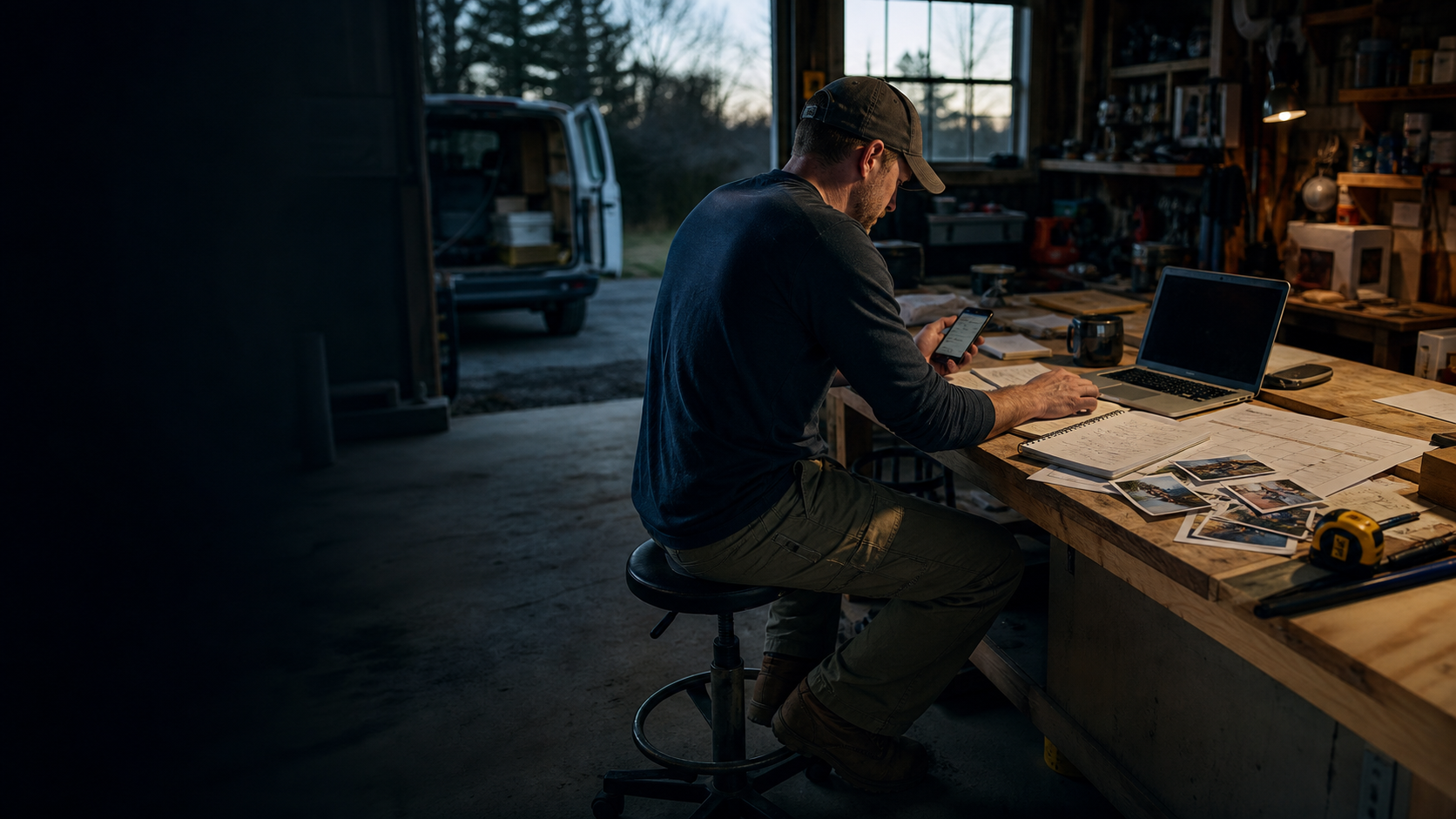 Illustrative contractor at a workshop bench